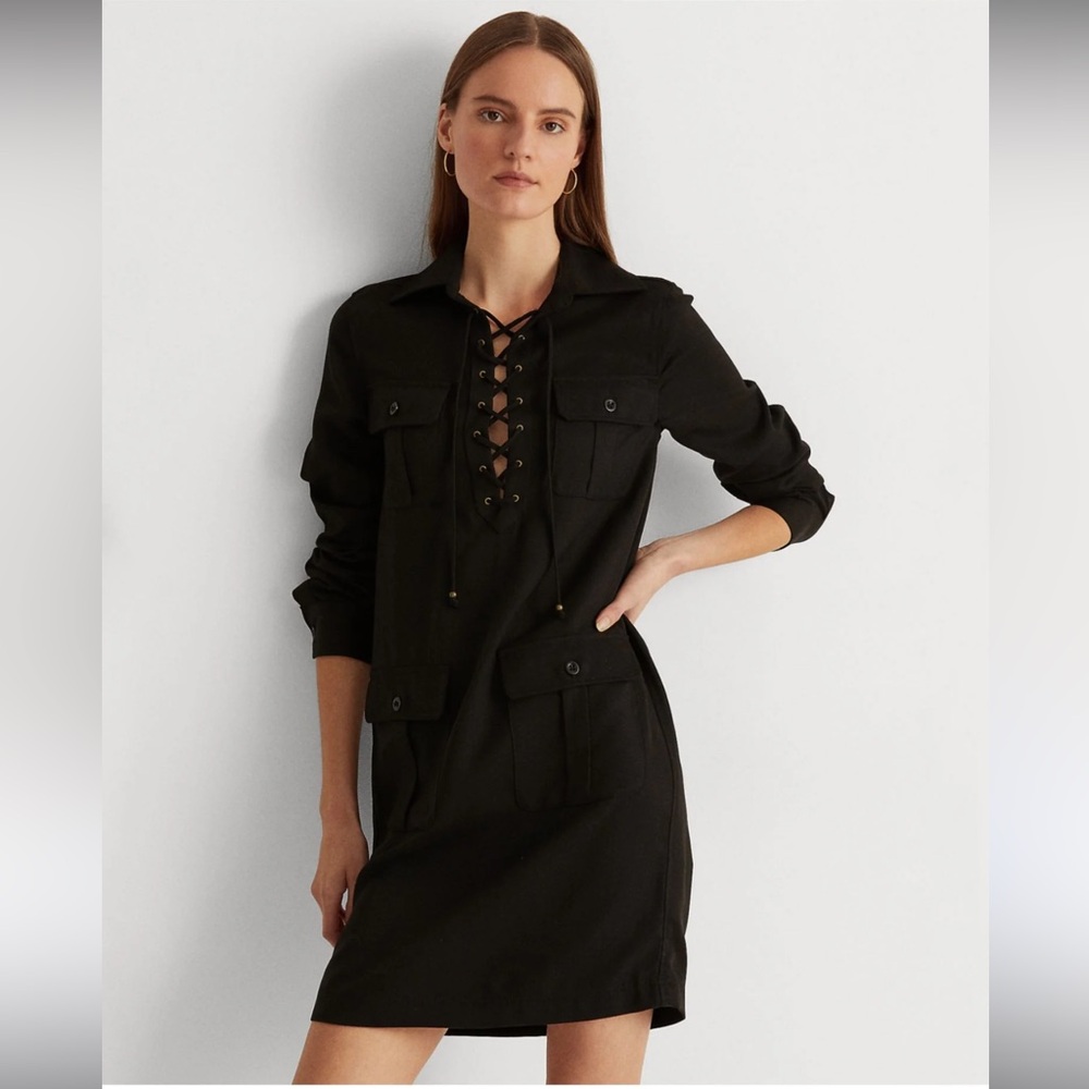 Lauren Ralph Lauren Black Lace Up Long Sleeve Shift Dress Size 14 Pockets